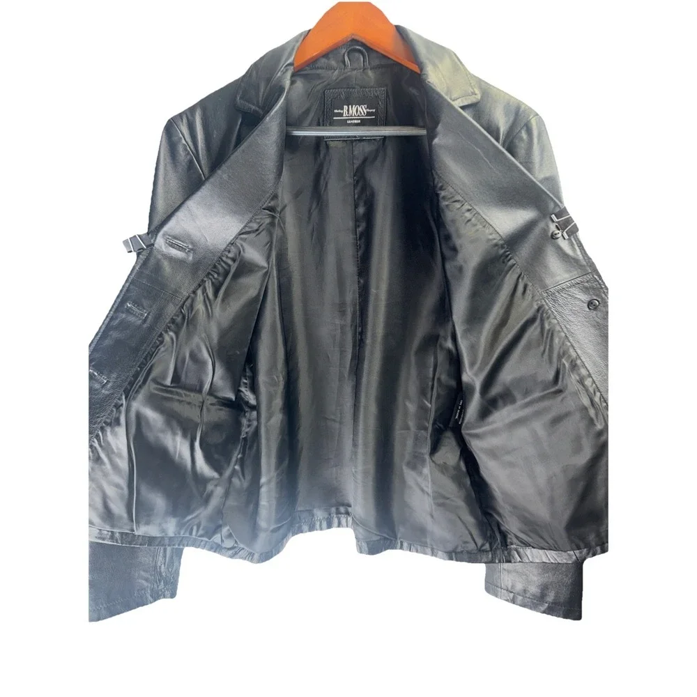 B. Moss - Black Leather Jacket Quilted Lining - Women's Large Button Front 😊‎